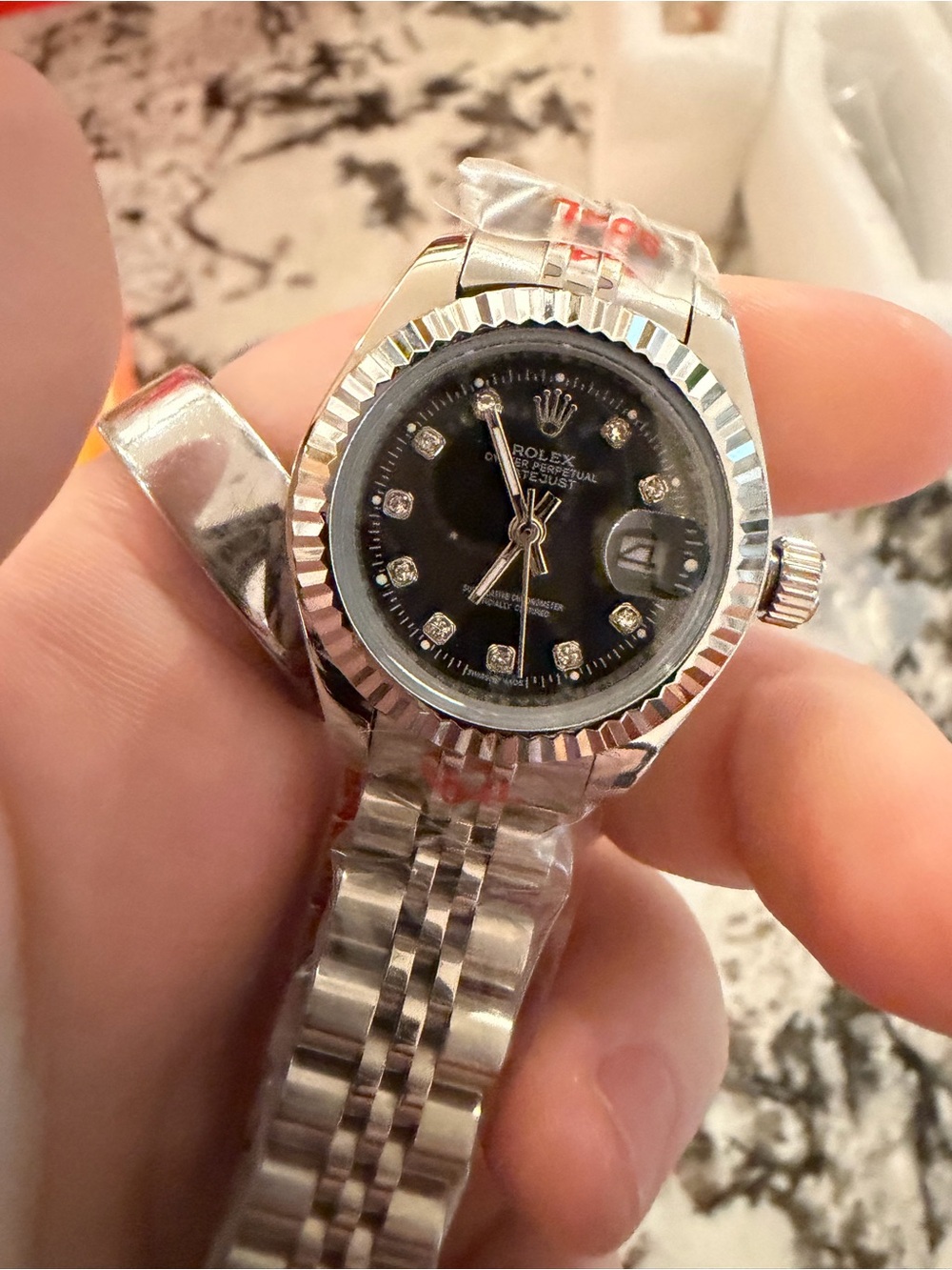 28mm Women's Stainless Steel Black Dial Diamond Accent Watch
